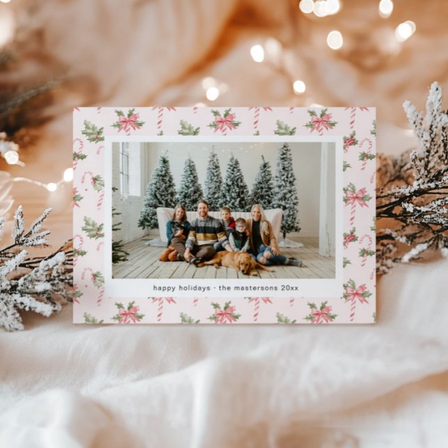 Pink Candy Canes Wallpaper Photo Holiday Card (Creator Uploaded)