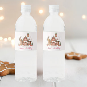 "Pink Candy Gingerbread House Birthday Water Bottle Label