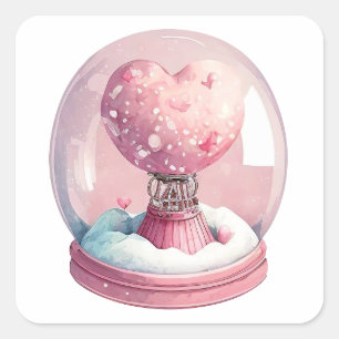Pink Candy Heart Snowglobe For Valentine's Square Sticker