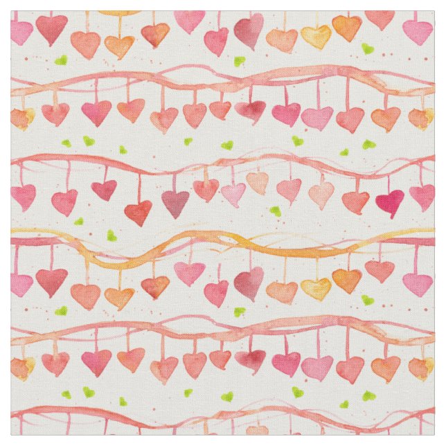 Pink Candy Hearts Love You Orange Watercolor Fabric (Close Up)