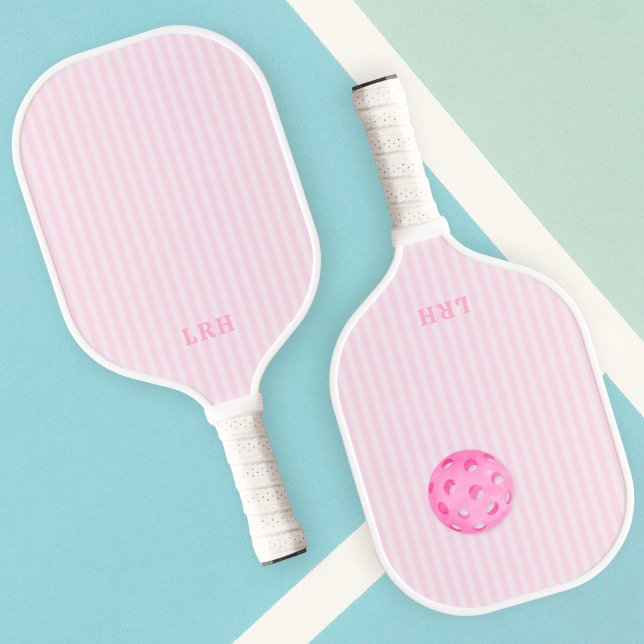 Pink Candy Stripe Design Tiny Initials Monogram Pickleball Paddle (Pickleball Paddle with Monogram)