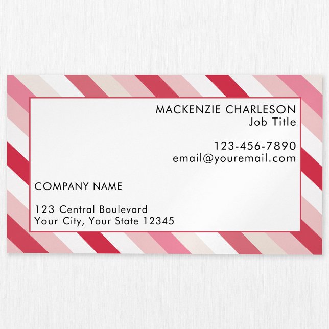 Pink Candy Stripe  Magnetic Business Card (Pink diagonal candy striped modern business card magnet)