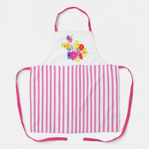 Pink Candy Striped Floral Bouquet Apron