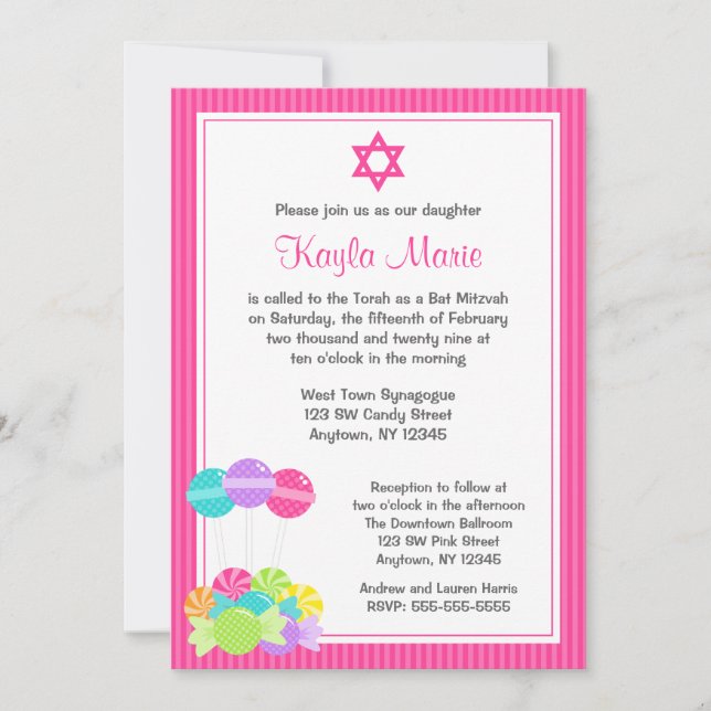 Pink Candy Stripes Bat Mitzvah Invitations (Front)
