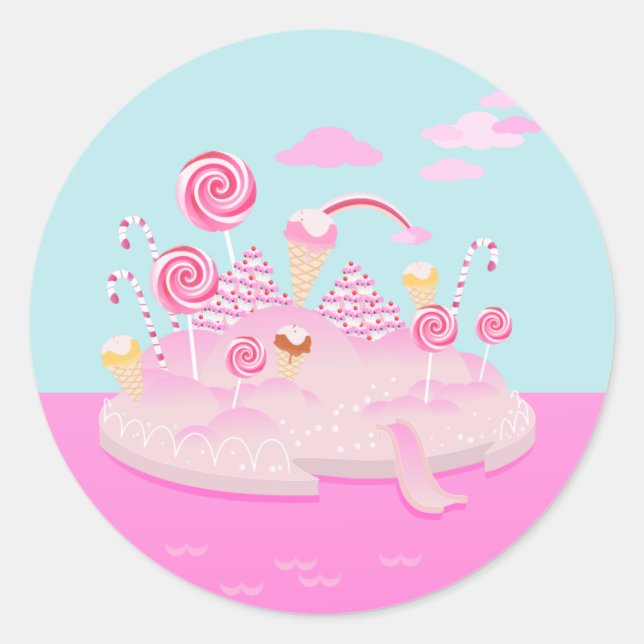 Pink candy world cake for birthday party classic round sticker (Front)