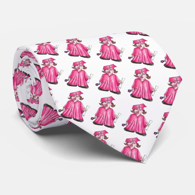 Pink Cap and Gown School Graduation Girl Diploma Tie (Rolled)