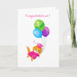 Pink cap cat graduation customisable card