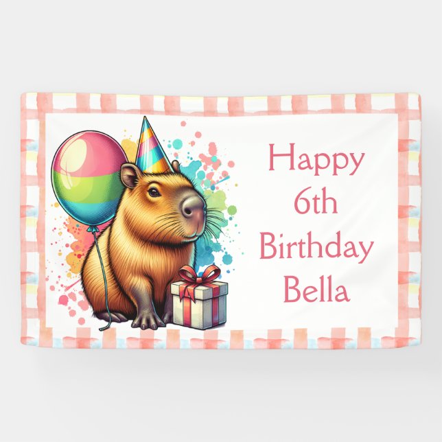  Pink Capybara Themed Girl's Happy Birthday  Banner (Horizontal)