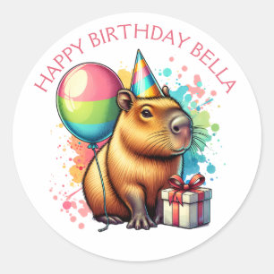  Pink Capybara Themed Girl's Happy Birthday  Classic Round Sticker