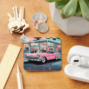 Pink Car 1950s Diner Retro Mid‑Century Custom Key Ring