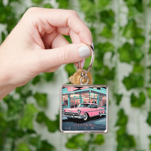 Pink Car 1950s Diner Retro Mid‑Century Custom Key Ring (Hand)