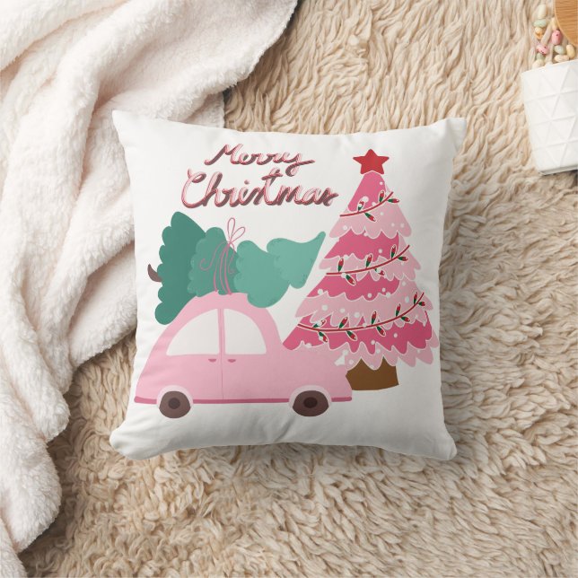 Pink Car and Christmas Tree Double-sided Cushion (Blanket)