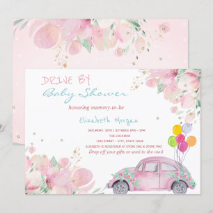 Pink Car Balloons Flowers Drive By Baby Shower Invitation