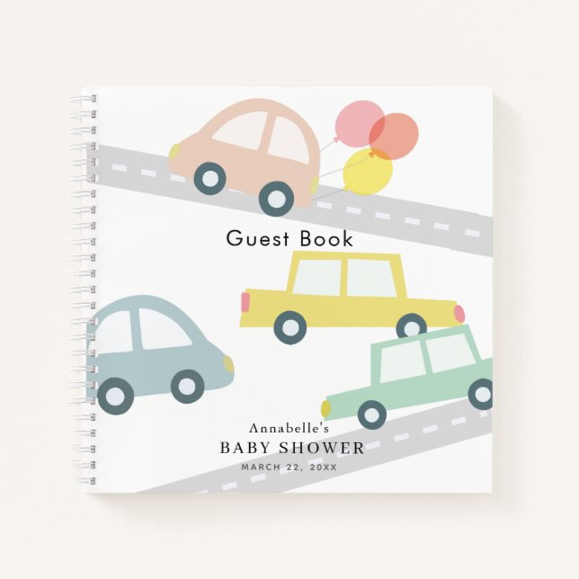 Pink Car Balloons White Girl Baby Shower Notebook (Front)