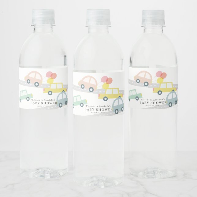 Pink Car Balloons White Girl Baby Shower Water Bottle Label (Bottles)