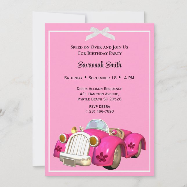 Pink Car  Birthday Invitations (Front)