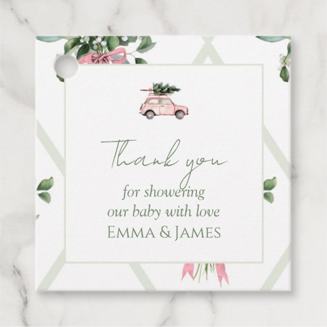 Pink Car Christmas Tree Square Gift Tag (Front)