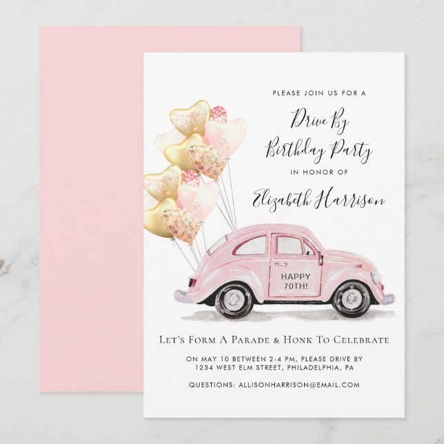 Pink Car Drive By Birthday Party Invitation (Front/Back)