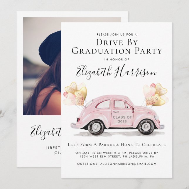 Pink Car Graduation Drive By Party Invitation (Front/Back)