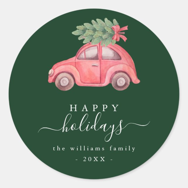 Pink Car Happy Holiday Script Round Sticker (Front)