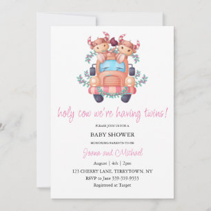 Pink Car Holy Cow We'Re Having Twins Baby Shower Invitation