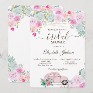 Pink Car Lights Chic Roses Bridal Shower  Invitation