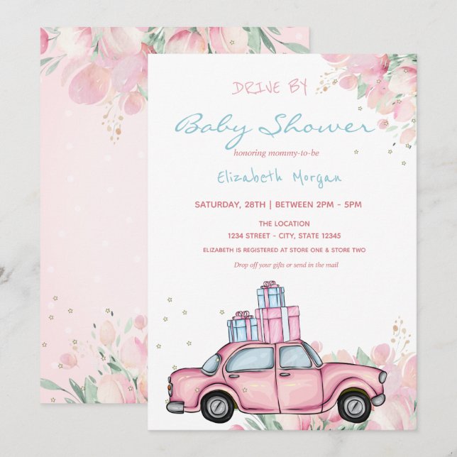 Pink Car Presents Floral Drive By Baby Shower Invitation (Front/Back)