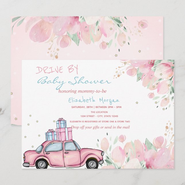 Pink Car Presents Flowers Drive By Baby Shower Invitation (Front/Back)