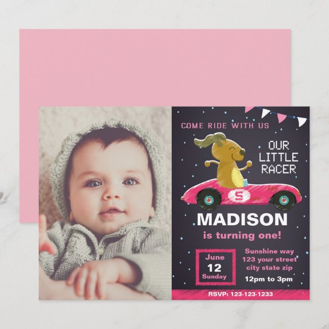 Pink Car Racer Birthday Invitation with Photo (Front/Back)