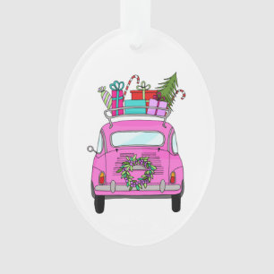 Pink Car with Christmas Gifts Ornament