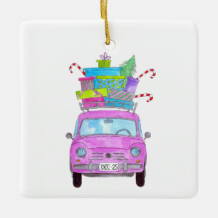 Pink Car with Christmas Gifts Watercolor Ceramic Ornament