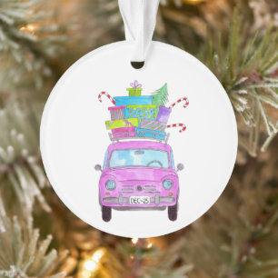 Pink Car with Christmas Gifts Watercolor Ornament