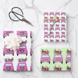 Pink Car with Christmas Gifts Wrapping Paper Sheet
