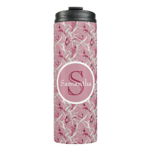 Pink Cardinal Birds Personalised Monogram Name Thermal Tumbler