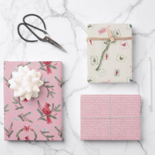 Pink Cardinal Christmas Wrapping Paper Set