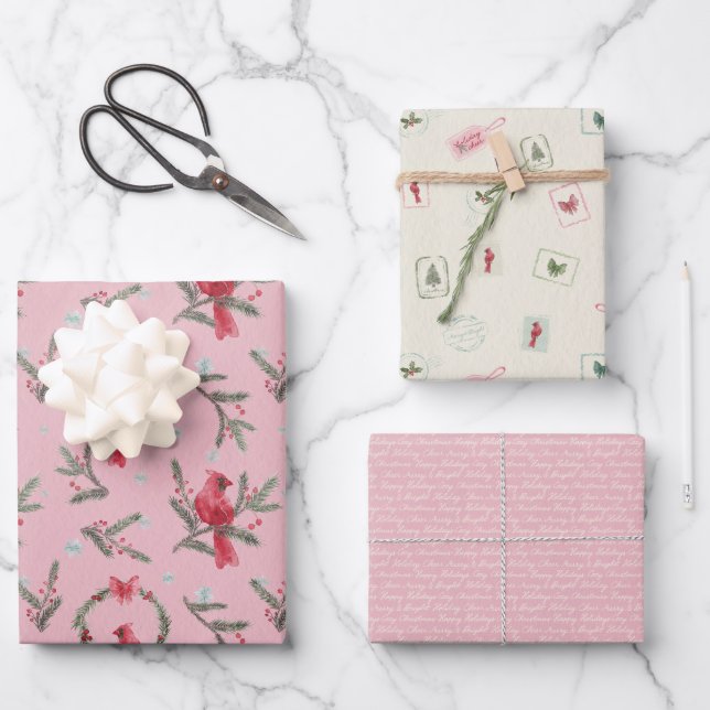 Pink Cardinal Christmas Wrapping Paper Set (Front)