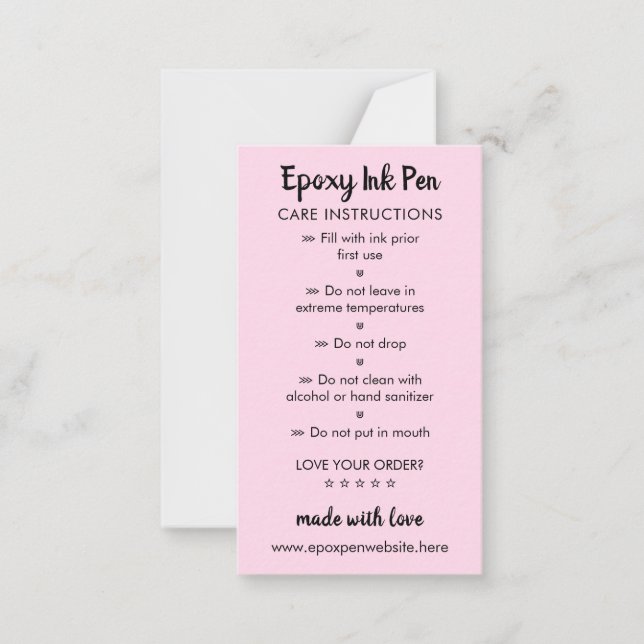 Pink Care Instructions for Epoxy Pen Card (Front)