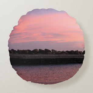 Pink Caribbean Sunset Over Calm Sea 1 Round Cushion
