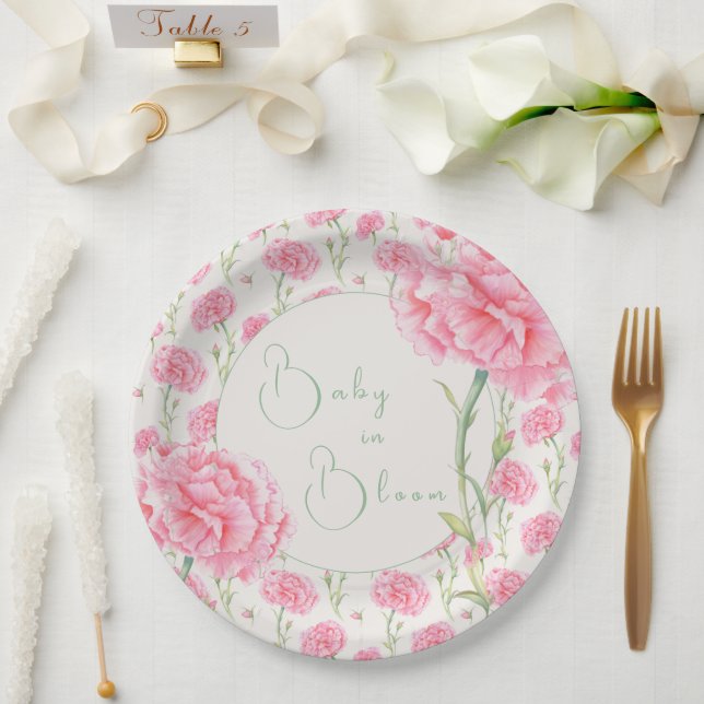 Pink Carnation Baby in Bloom Baby Shower  Paper Plate (Wedding)