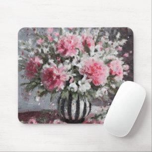 Pink Carnation Floral Flower Arrangement Black Mouse Mat