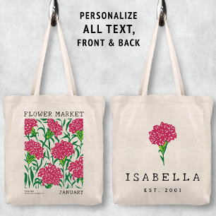 Pink Carnation Floral January Birth Flower Market Tote Bag