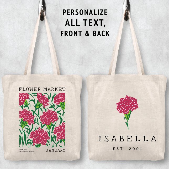 Pink Carnation Floral January Birth Flower Market Tote Bag (Personalized January Birth Flower Market Tote Bag, Custom Name Bag, Bachelorette Bridesmaid Gifts )
