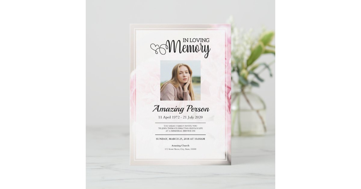 Pink carnation Funeral order of service Invitation Zazzle