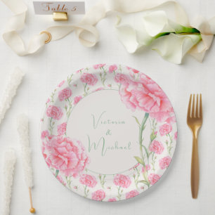 Pink Carnation Personalised Wedding Paper Plate