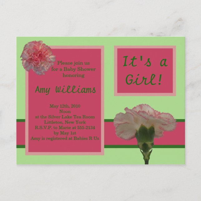 Pink Carnation Postcard Shower Invitation (Front)