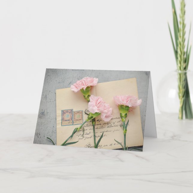 Pink Carnations and Vintage Letter  Card (Front)