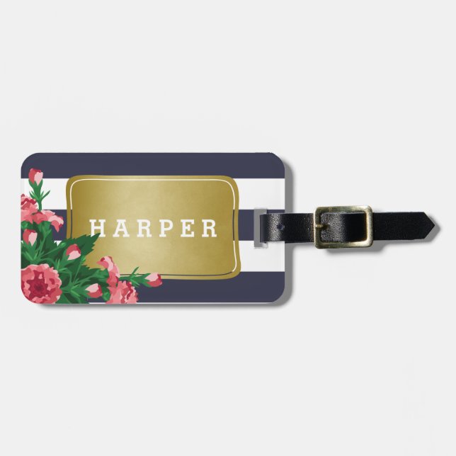 Pink Carnations & Blue Stripes Custom Name Luggage Tag (Front Horizontal)