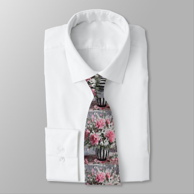Pink Carnations Flower Arrangement Painting Tie (Tied)