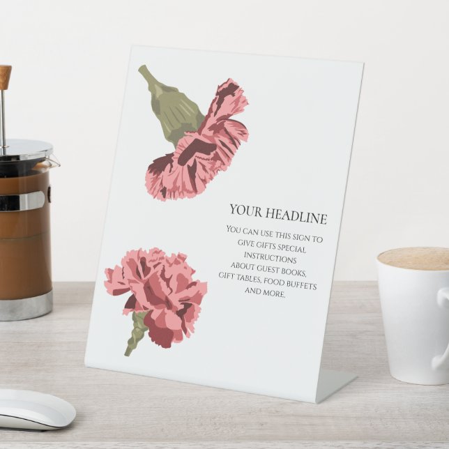 Pink Carnations Luxe Modern Floral Wedding Pedestal Sign (In SItu)