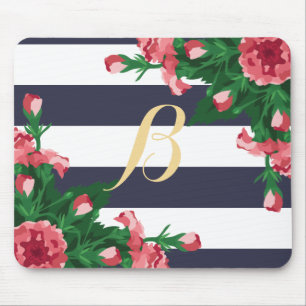 Pink Carnations & Navy Blue Stripes Monogram Mouse Mat